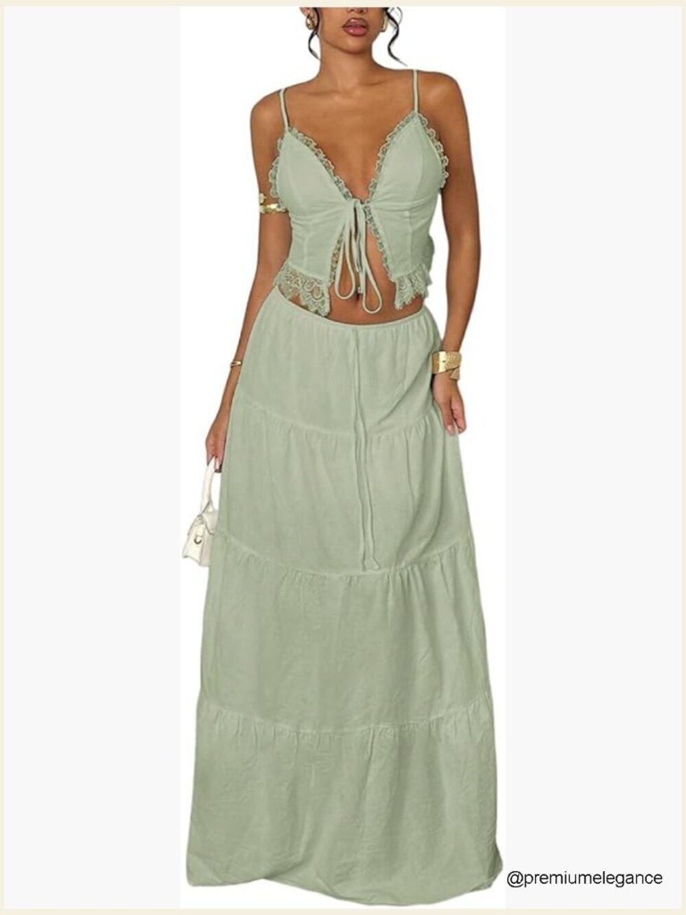 Lace Trim Tie Front Camisole Top Tiered Maxi Skirt Set 2 Piece Boho